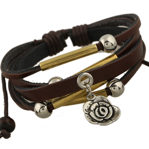 Vintage Multi-layer Cowhide Leather Bracelet For Men Women Rose Flower Pendant Braided Adjustable Alloy Beads Punk Jewelry