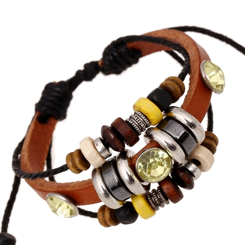 Bohemian Multi-layer Cowhide Leather Bracelet With Wood Beads Rhinestone Accents Adjustable Ethnic Punk Woven Jewelry Men Women