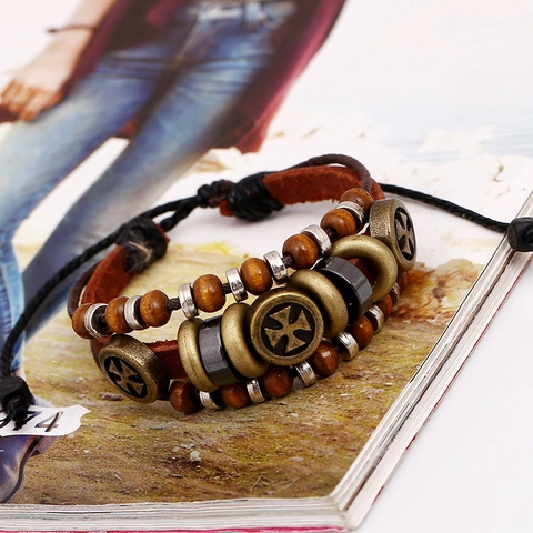 Retro Mehrlagiges Leder Perlen Armband Für Herren Damen Punk Kreuz Anhänger Verstellbar Handgefertigt Street Schmuck Wickelarmband