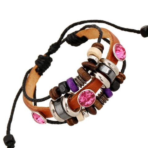 Punk Multilayer Leather Bracelet Vintage Handmade Braided Wristband With Pink Rhinestone Adjustable Ethnic Jewelry Gift