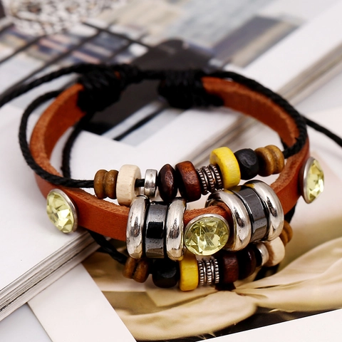 Bohemian Multi-layer Cowhide Leather Bracelet With Wood Beads Rhinestone Accents Adjustable Ethnic Punk Woven Jewelry Men Women