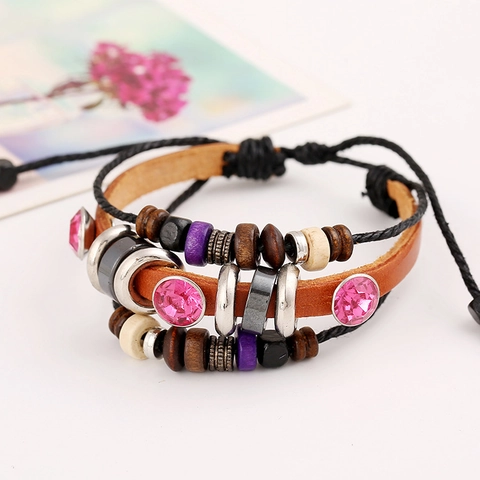 Punk Multilayer Leather Bracelet Vintage Handmade Braided Wristband With Pink Rhinestone Adjustable Ethnic Jewelry Gift