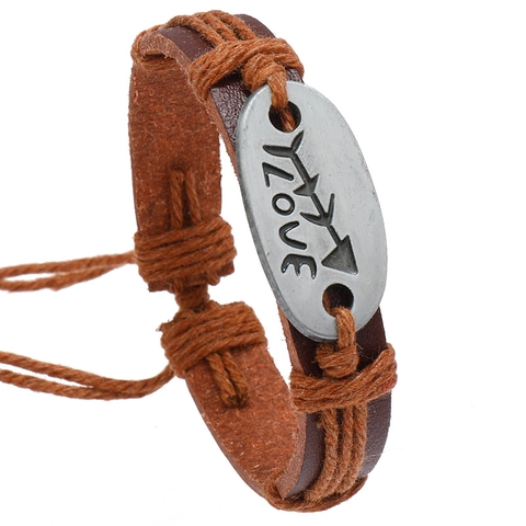 Bracciale Intrecciato in Ecopelle Fatto a Mano Retro Punk LOVE Piastra Metallica Cinturino Avvolgente Regolabile Gioielli di Coppia