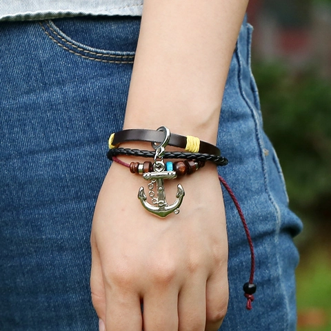 Vintage Multi Layer Cowhide Leather Anchor Bracelet Handmade Braided Rope Wooden Beads Nautical Wristband For Men Women