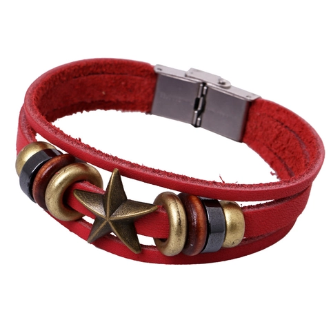 Retro Multilayer Cowhide Leather Bracelet For Men Women Punk Alloy Pentagram Star Braided Wrap Cuff Bracelet Fashion Unisex Jewelry