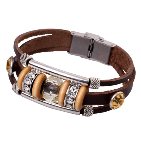 Vintage Mehrlagig Geflochten Rindsleder Armband Mit Strass Legierung Holzperlen Böhmisch Unisex Punk Manschette Armband Schmuck