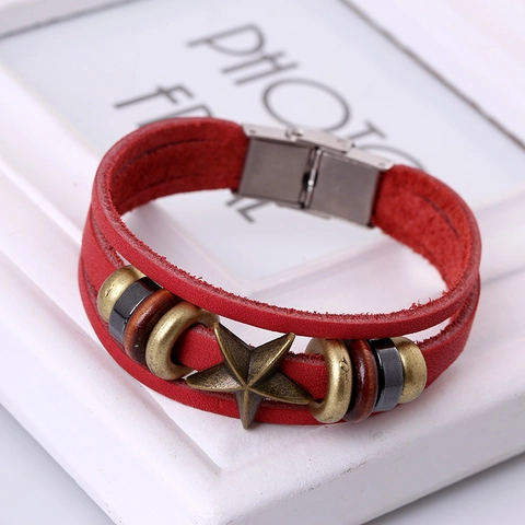 Retro Multilayer Cowhide Leather Bracelet For Men Women Punk Alloy Pentagram Star Braided Wrap Cuff Bracelet Fashion Unisex Jewelry