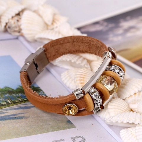 Vintage Mehrlagig Geflochten Rindsleder Armband Mit Strass Legierung Holzperlen Böhmisch Unisex Punk Manschette Armband Schmuck
