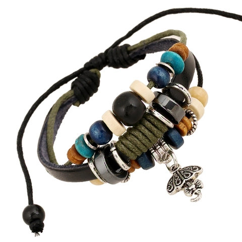 Bohemian Multilayer Cowhide Leather Bracelet With Elephant Pendant Wooden Beads Adjustable Braided Hand Chain Ethnic Jewelry