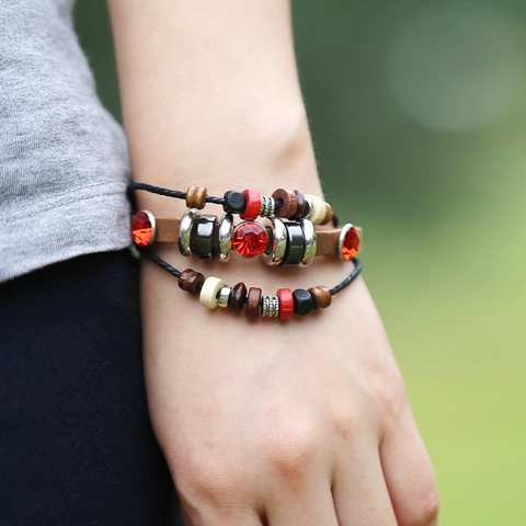 Handmade Punk Bohemian Multilayer Cowhide Leather Beaded Bracelet With Wood Beads Rhinestone Adjustable Ethnic Jewelry For Unisex