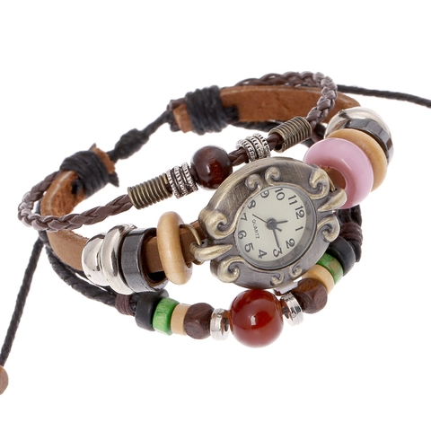 Vintage Leder Armbanduhr Für Damen Herren Bohemian Mehrlagig Geflochten Rindslederband Legierungsgehäuse Quarzwerk Ethno Schmuck