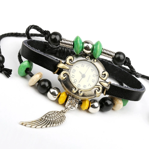 Orologio a Bracciale in Pelle a Più Strati con Perline Stile Boho Retrò per Donna Cinturino in Pelle Fatto a Mano Pendente a Piuma