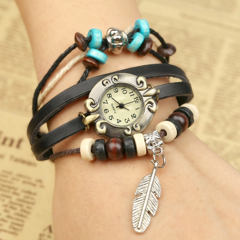 Vintage Böhmisch Mehrlagig Leder Armbanduhr Für Damen Handgefertigt Perlen Feder Anhänger Quarz Analog Armbanduhr Schmuck