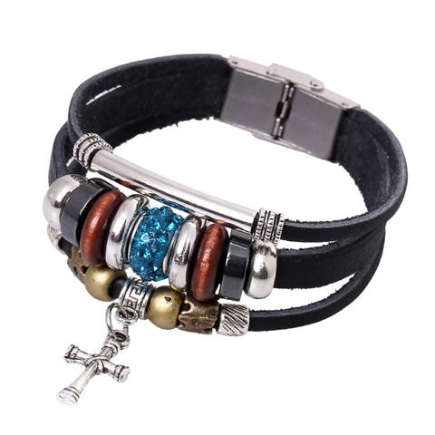 Vintage Multi-layer Leather Cross Bracelet For Men Handmade Wood Beads Alloy Rhinestone Ethnic Punk Wrap Bracelet Jewelry