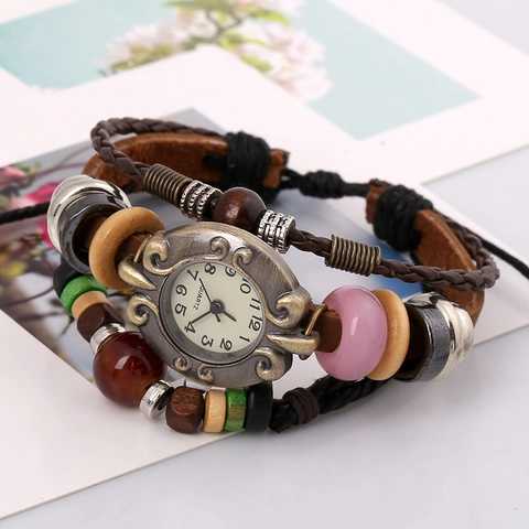 Vintage Leder Armbanduhr Für Damen Herren Bohemian Mehrlagig Geflochten Rindslederband Legierungsgehäuse Quarzwerk Ethno Schmuck