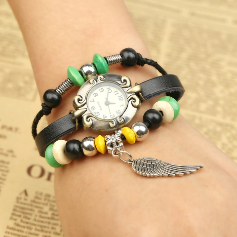 Orologio a Bracciale in Pelle a Più Strati con Perline Stile Boho Retrò per Donna Cinturino in Pelle Fatto a Mano Pendente a Piuma
