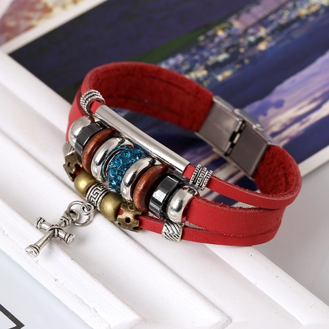 Vintage Multi-layer Leather Cross Bracelet For Men Handmade Wood Beads Alloy Rhinestone Ethnic Punk Wrap Bracelet Jewelry