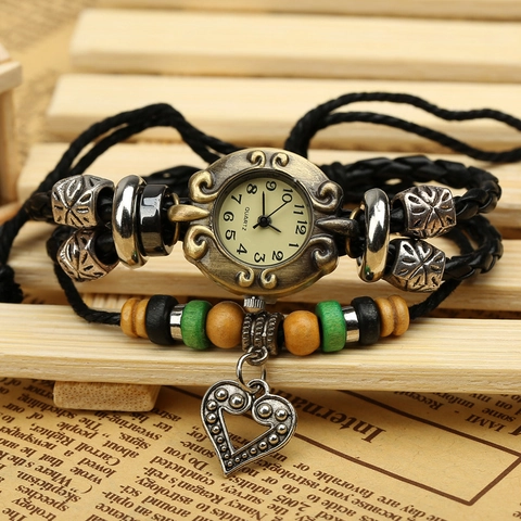 Orologio da Polso Vintage in Pelle PU Intrecciata per Uomo Donna Perline in Legno Ciondolo Cuore Regolabile Gioielli Etnici