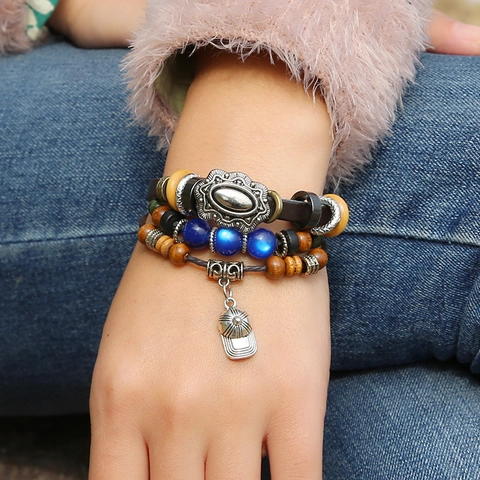 Retro Handgefertigtes Mehrlagiges Geflochtenes Lederarmband Blaue Katzenaugen Holzperlen Baseballkappe Anhänger Punk Schmuck Unisex