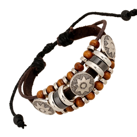 Vintage Ethnic Multi-Layer Handmade Top Layer Cowhide Leather Bracelet For Men Women Retro Beaded Alloy Charm Punk Style Jewelry