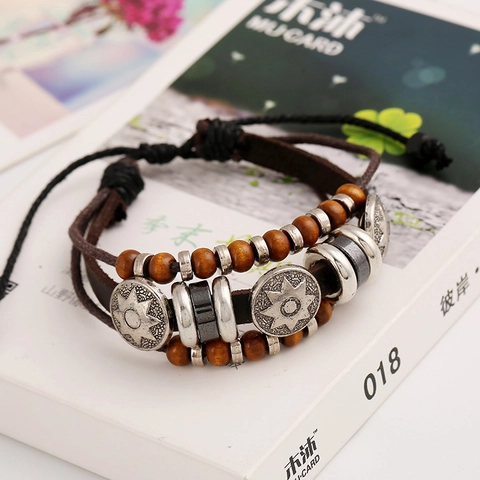 Vintage Ethnic Multi-Layer Handmade Top Layer Cowhide Leather Bracelet For Men Women Retro Beaded Alloy Charm Punk Style Jewelry