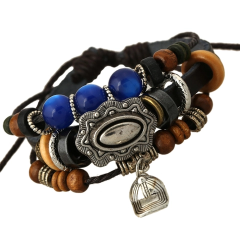 Retro Handgefertigtes Mehrlagiges Geflochtenes Lederarmband Blaue Katzenaugen Holzperlen Baseballkappe Anhänger Punk Schmuck Unisex