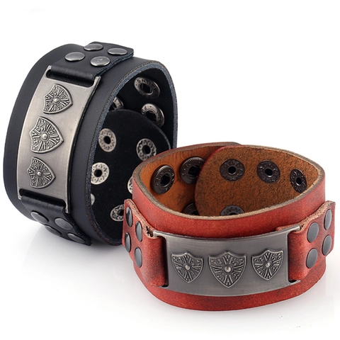 Vintage Punk Cowhide Leather Bracelet Men Alloy Shield Emblem Studded Wide Cuff Bracelet Retro Adjustable Hand Jewelry Gift