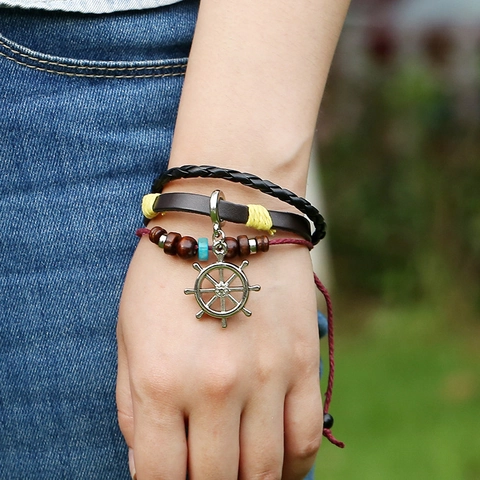 Punk Vintage Multilayer Cowhide Leather Beaded Bracelet For Men Women With Silver Ship Helm Pendant Nautical Fashion Jewelry