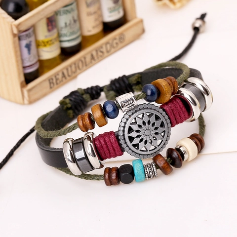Vintage Bohemian Multi-layer Cowhide Leather Bracelet Sun Flower Pendant Ethnic Braided Wood Beads Adjustable Jewelry For Men Women