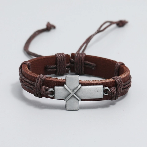 Vintage Woven Cowhide Bracelet With Alloy Cross Pendant Retro Adjustable Brown Leather Hand Rope For Men Women Punk Jewelry