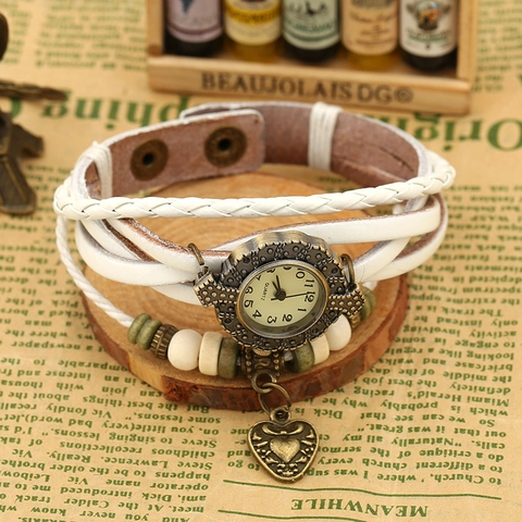 Vintage Mehrschichtige Leder Armbanduhr Für Damen Geflochtene Wickeluhr Mit Holzperlen Herzanhänger Punk Schmuck