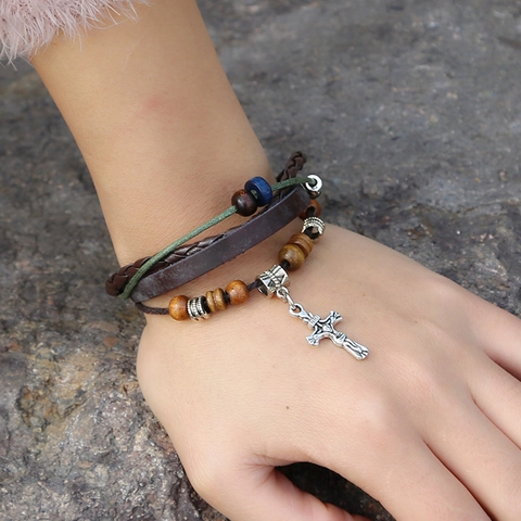 Vintage Mehrlagiges Leder Geflochtenes Armband Für Damen Herren Verstellbar Holzperlen Legierung Kreuz Anhänger Boho Schmuck