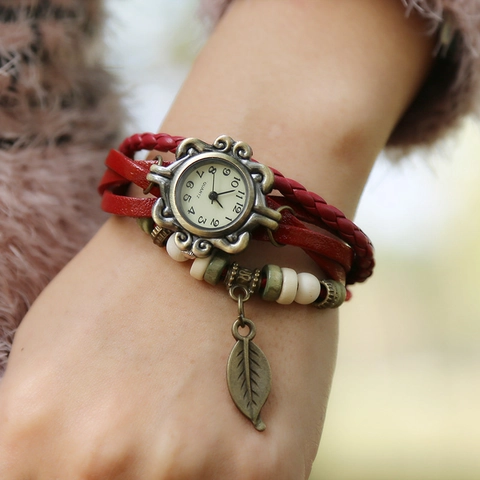 Vintage Punk Cowhide Leather Braided Bracelet Watch For Women Bohemian Alloy Leaf Pendant Wood Bead Quartz Analog Wristwatch Jewelry