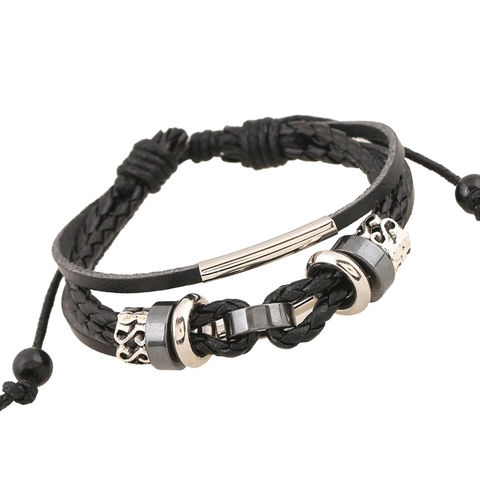 Vintage Multi-layer Woven Leather Bracelet For Men Women Alloy Charms Handmade Punk Adjustable Drawstring Wrap Wristband Jewelry
