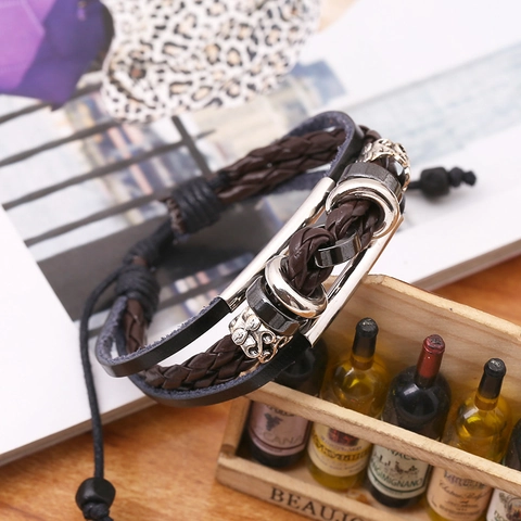 Vintage Multi-layer Woven Leather Bracelet For Men Women Alloy Charms Handmade Punk Adjustable Drawstring Wrap Wristband Jewelry