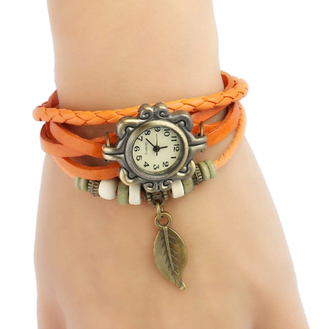 Vintage Punk Cowhide Leather Braided Bracelet Watch For Women Bohemian Alloy Leaf Pendant Wood Bead Quartz Analog Wristwatch Jewelry