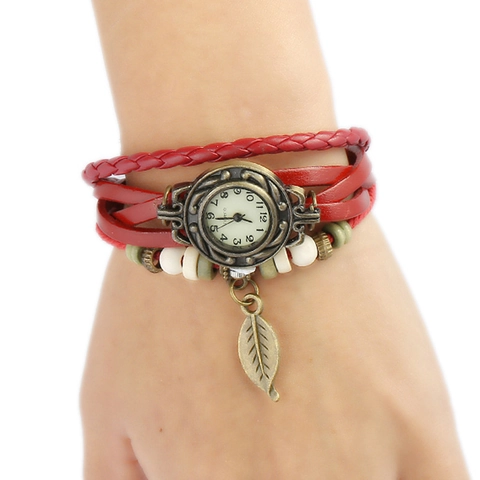 Vintage Handgefertigte Geflochtene Leder Armbanduhr Für Damen Ethno Boho Stil Quarzuhr Mit Blattanhänger Perlen