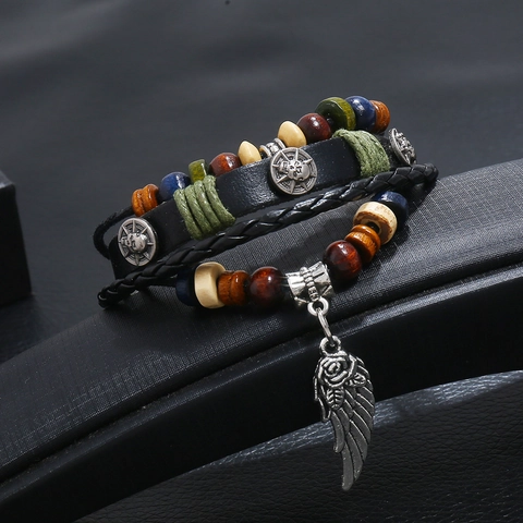 Retro Punk Herren Gewebtes Rindsleder Armband Mehrschichtiges Perlen Handschmuck Mit Flügel Rose Anhänger Geometrisches Legierung Armreif