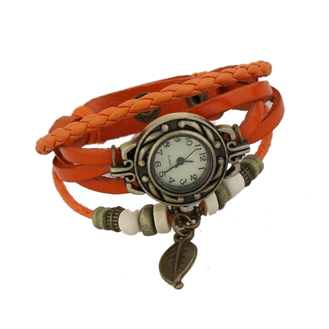 Vintage Handgefertigte Geflochtene Leder Armbanduhr Für Damen Ethno Boho Stil Quarzuhr Mit Blattanhänger Perlen