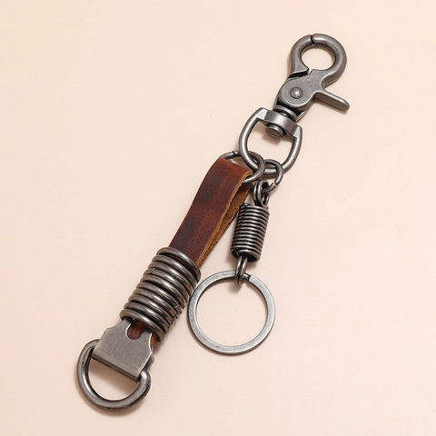 Porte-clés en Cuir de Vache Vintage Punk Style Industriel en Alliage Métallique avec Fermoir Mousqueton pour Ceinture