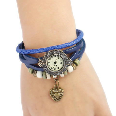 Vintage Mehrschichtige Leder Armbanduhr Für Damen Geflochtene Wickeluhr Mit Holzperlen Herzanhänger Punk Schmuck