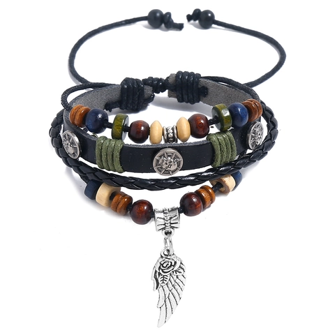 Retro Punk Herren Gewebtes Rindsleder Armband Mehrschichtiges Perlen Handschmuck Mit Flügel Rose Anhänger Geometrisches Legierung Armreif