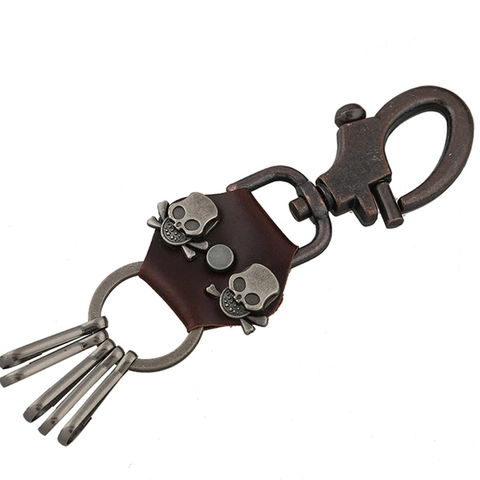 Retro Punk Rindsleder Totenkopf Schlüsselanhänger Antik Legierung Haken Herren Biker Schlüsselring Mode Gürtelschlaufe Anhänger Schmuck