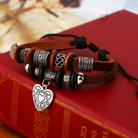 Handmade Vintage Multi-layer Top Grain Cowhide Leather Bracelet For Men Women Alloy Hollow Heart Charm Beaded Punk Wrap Bracelet Jewelry