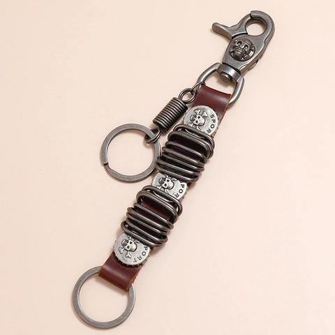 Porte-clés Tête de Mort en Cuir de Vache Vintage Punk pour Hommes Anneau à Ressort Métallique Rétro Accessoire Motard