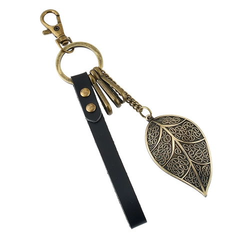 Vintage Bronze Alloy Hollow Leaf Keychain With Black Genuine Leather Strap Retro Car Key Ring Bag Pendant For Women Men