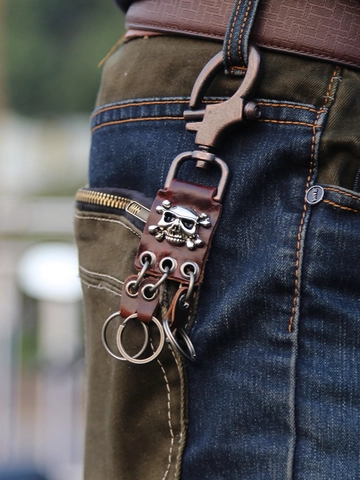 Portachiavi Teschio in Vera Pelle Vintage Punk per Uomo Donna Portachiavi Pendente Scheletro in Lega Retro Con 3 Anelli E Gancio A Molla