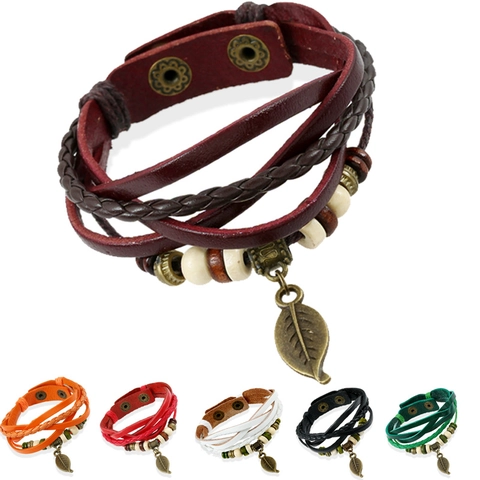 Vintage Punk Braided Cowhide Leather Bracelet For Men Women Multilayer Wrap Bracelet With Alloy Leaf Pendant Wood Beads Jewelry