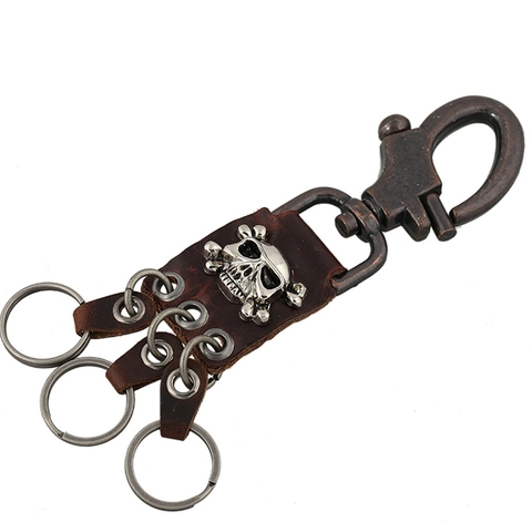 Portachiavi Teschio in Vera Pelle Vintage Punk per Uomo Donna Portachiavi Pendente Scheletro in Lega Retro Con 3 Anelli E Gancio A Molla