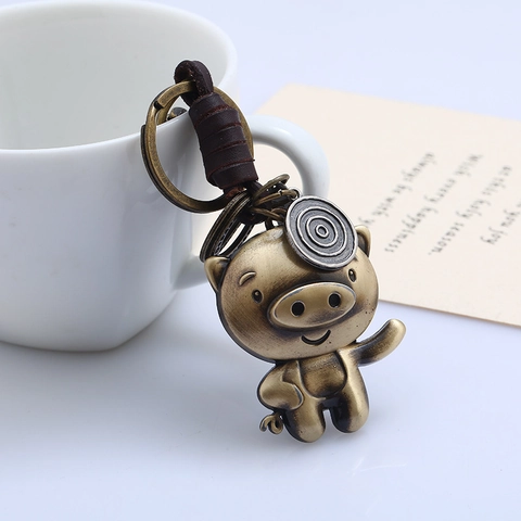 Portachiavi Zodiaco in Pelle Vintage Ciondolo Animale in Metallo Bronzo Cinturino Intrecciato Punk Ornamento da Appendere